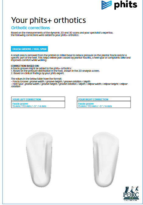 PHITS orthotic correction report showing fascia groove and heel spur modifications